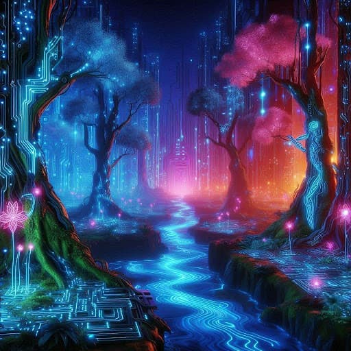 A neon-lit jungle with glowing flora and fauna, where the trees are circuit boards and the rivers flow with liquid light