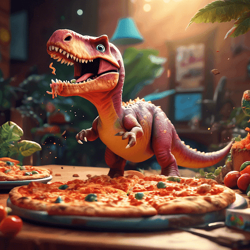 small dinosaur eats pizza